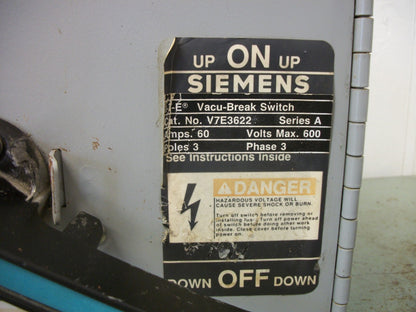 SIEMENS FUSIBLE VACU-BREAK BRANCH SWITCH V7E3622 60AMP 600VOLT 3POLE 3PH