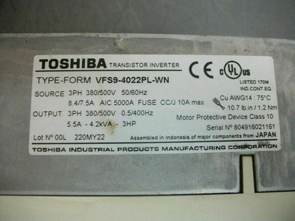 TOSHIBA 3HP TRANSISTOR INVERTER DRIVE VFS9-4022PL-WN 3PH 500VOLT 5.5AMP 4.2KVA
