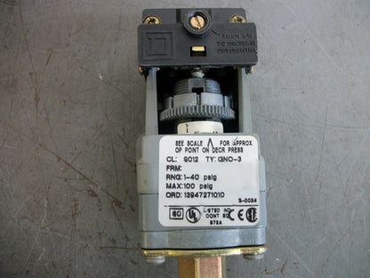 SQUARE D PRESSURE SWITCH 9012GNO3 1-40PSI RANGE 100PSI MAX