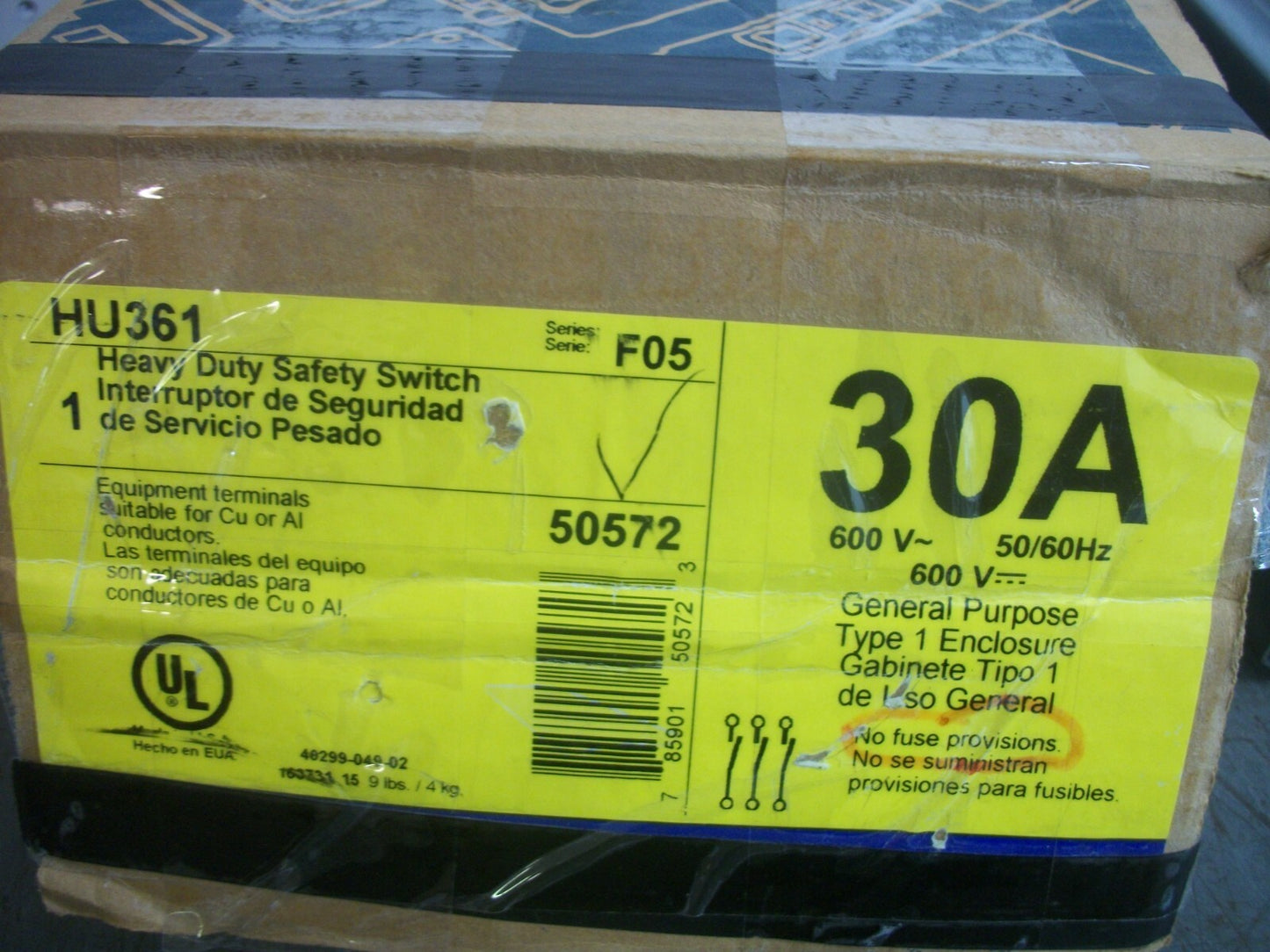 SQUARE D DISCONNECT TYPE 1 HU361 30AMP 600VOLT 3POLE NON-FUSIBLE NIB