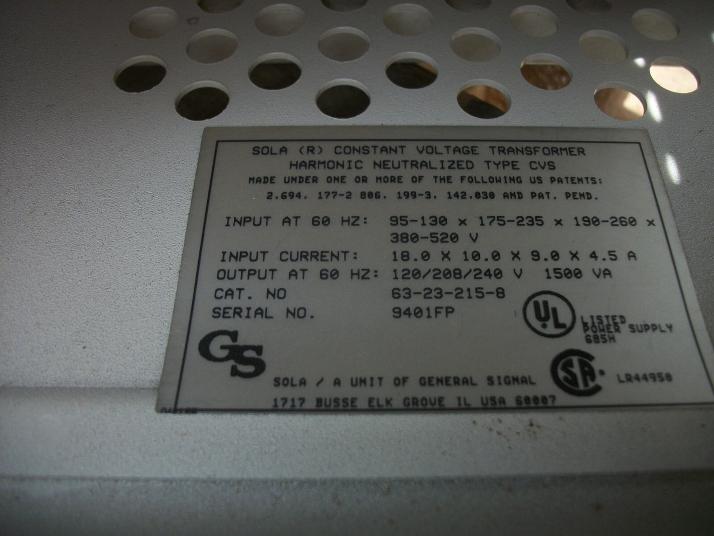 SOLA 1500VA CONSTANT VOLTAGE TRANSFORMER 63-23-215-8 IN: 95X520 OUT: 120/240