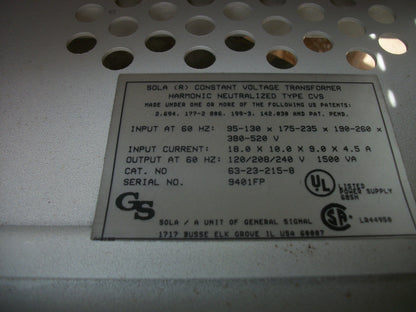 SOLA 1500VA CONSTANT VOLTAGE TRANSFORMER 63-23-215-8 IN: 95X520 OUT: 120/240