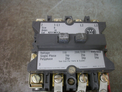 WESTINGHOUSE SIZE 0 MOTOR STARTER A200M0CB 18AMP 480VCOIL 3PH 600V 5HP