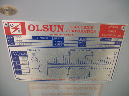 OLSUN 550KVA 3PH TRANSFORMER 13980-AD 8/99-1 HV 460 LV 460Y/266