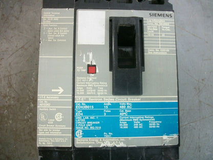 SIEMENS SENTRON ED4 CIRCUIT BREAKER ED43B015 15AMP 480VOLT 3POLE W/AUX