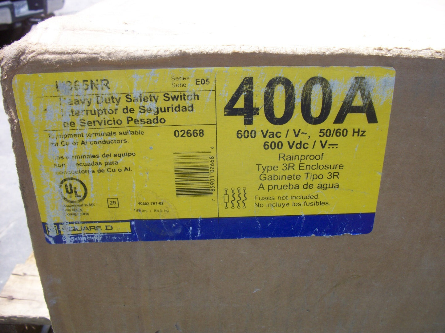 SQUARE D DISCONNECT TYPE 3R H365NR 400AMP 600VOLT 3POLE FUSIBLE NIB