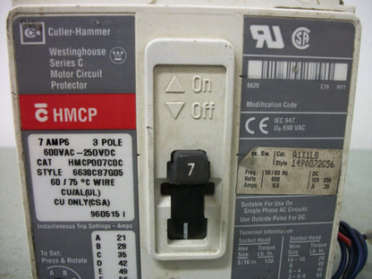 CUTLER-HAMMER HMCP CIRCUIT BREAKER HMCP007CDC 7AMP 600VOLT 3POLE W/AUX