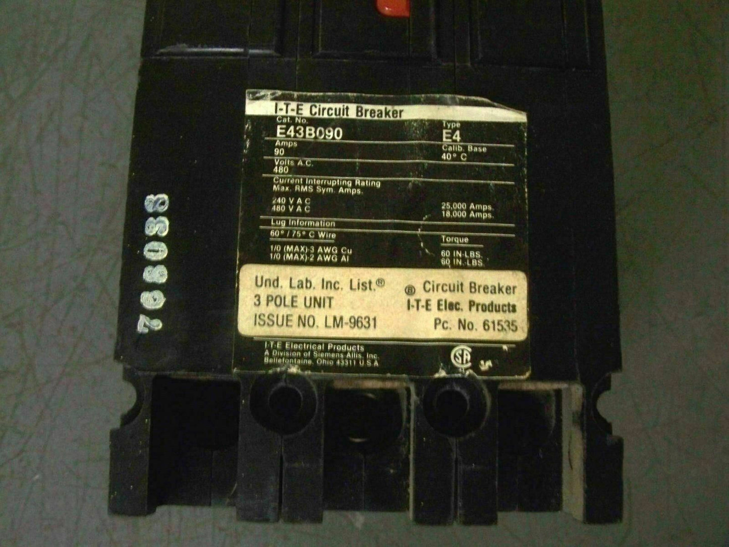 SIEMENS E4 CIRCUIT BREAKER E43B090 90AMP 480VOLT 3POLE