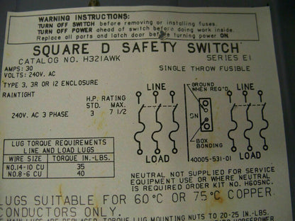SQUARE D DISCONNECT TYPE 3R,5,12 H321AWK 30AMP 240VOLT 3POLE FUSIBLE