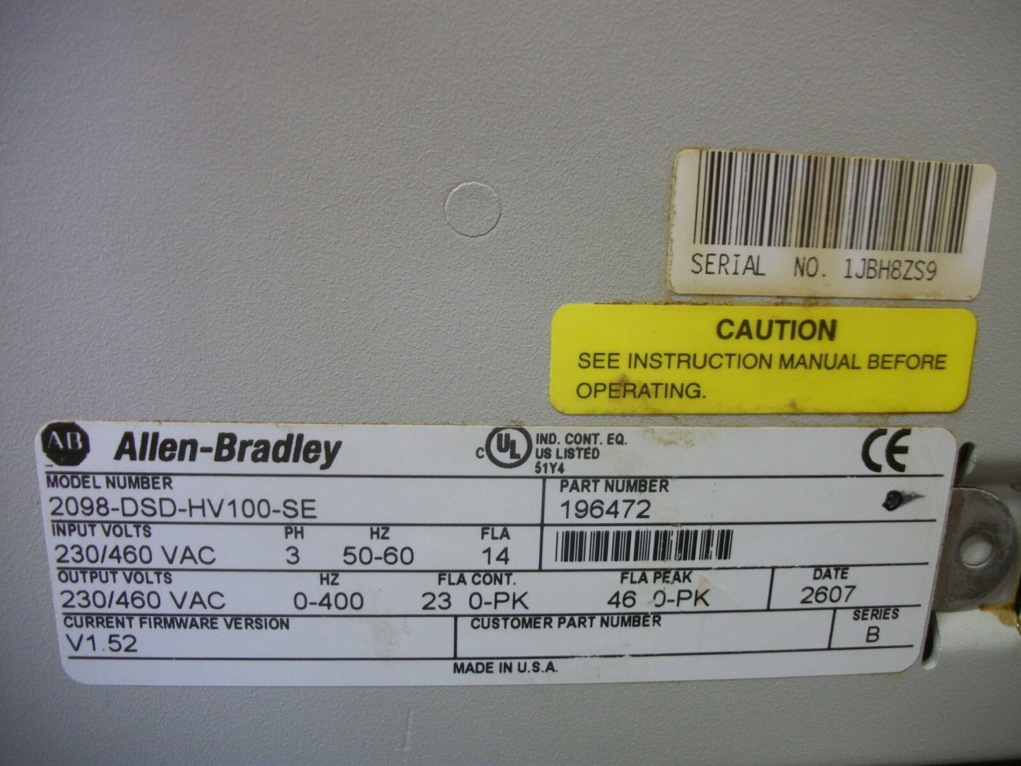 ALLEN-BRADLEY ULTRA 3000 SERVO DRIVE 2098-DSD-HV100-SE 230/460VOLT 3PH