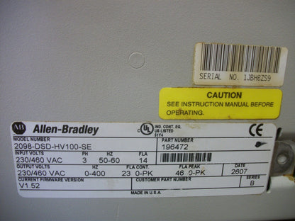 ALLEN-BRADLEY ULTRA 3000 SERVO DRIVE 2098-DSD-HV100-SE 230/460VOLT 3PH