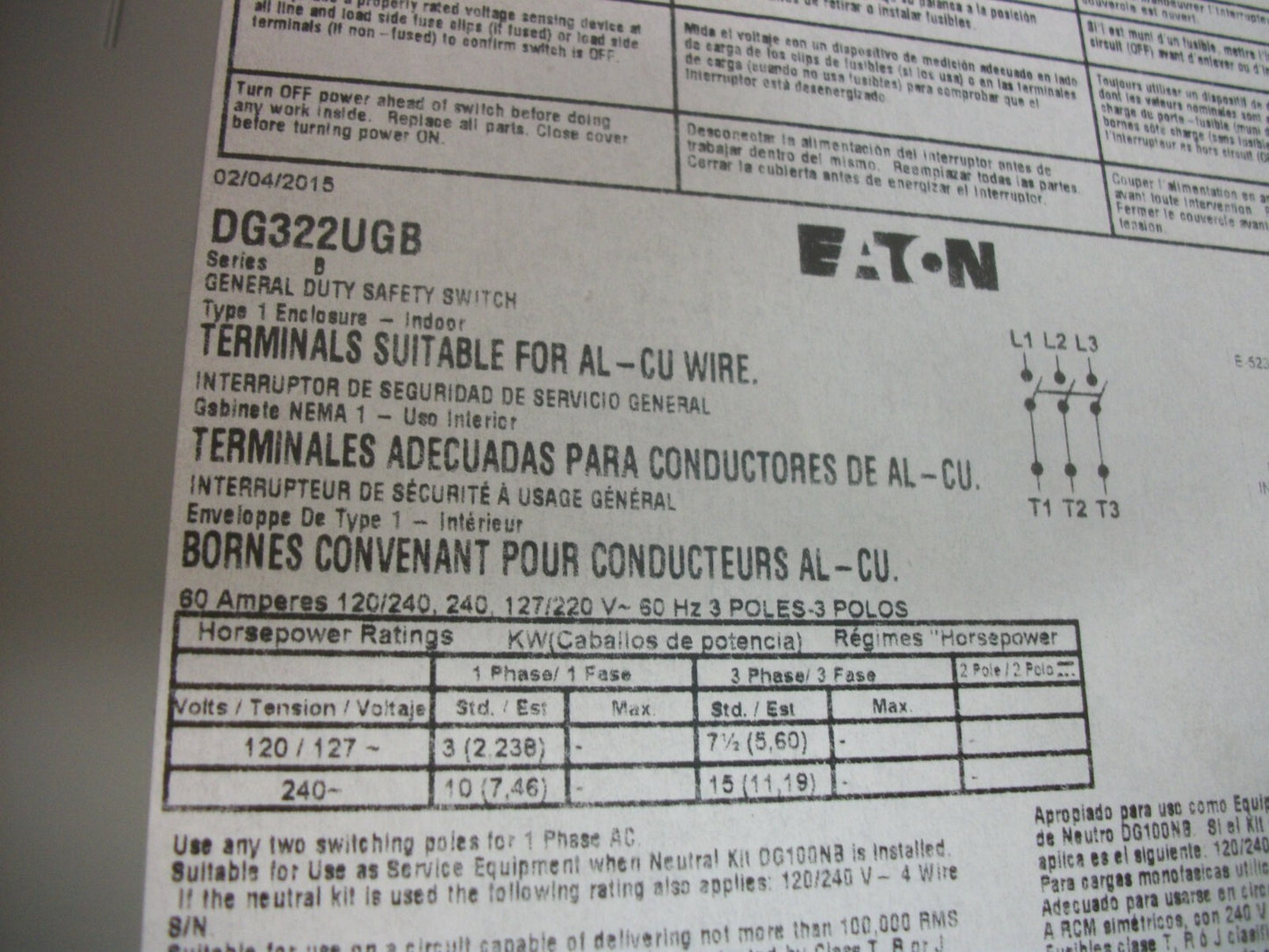 CUTLER-HAMMER DISCONNECT TYPE 1 DG322UGB 60AMP 240VOLT NON-FUSIBLE NOB