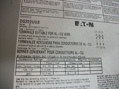 CUTLER-HAMMER DISCONNECT TYPE 1 DG322UGB 60AMP 240VOLT NON-FUSIBLE NOB