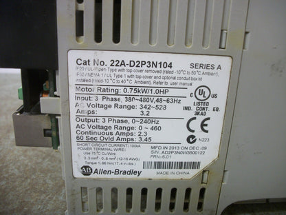 ALLEN-BRADLEY POWERFLEX 4 1HP AC DRIVE 22A-D2P3N104 460VOLT 3PH 2.3AMP