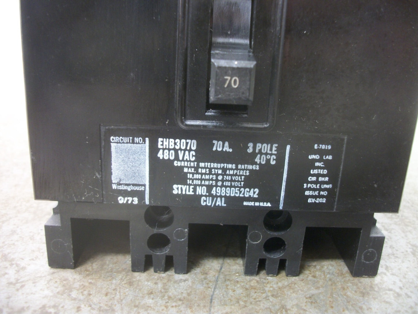 WESTINGHOUSE EHB CIRCUIT BREAKER EHB3070 70AMP 480VOLT 3POLE