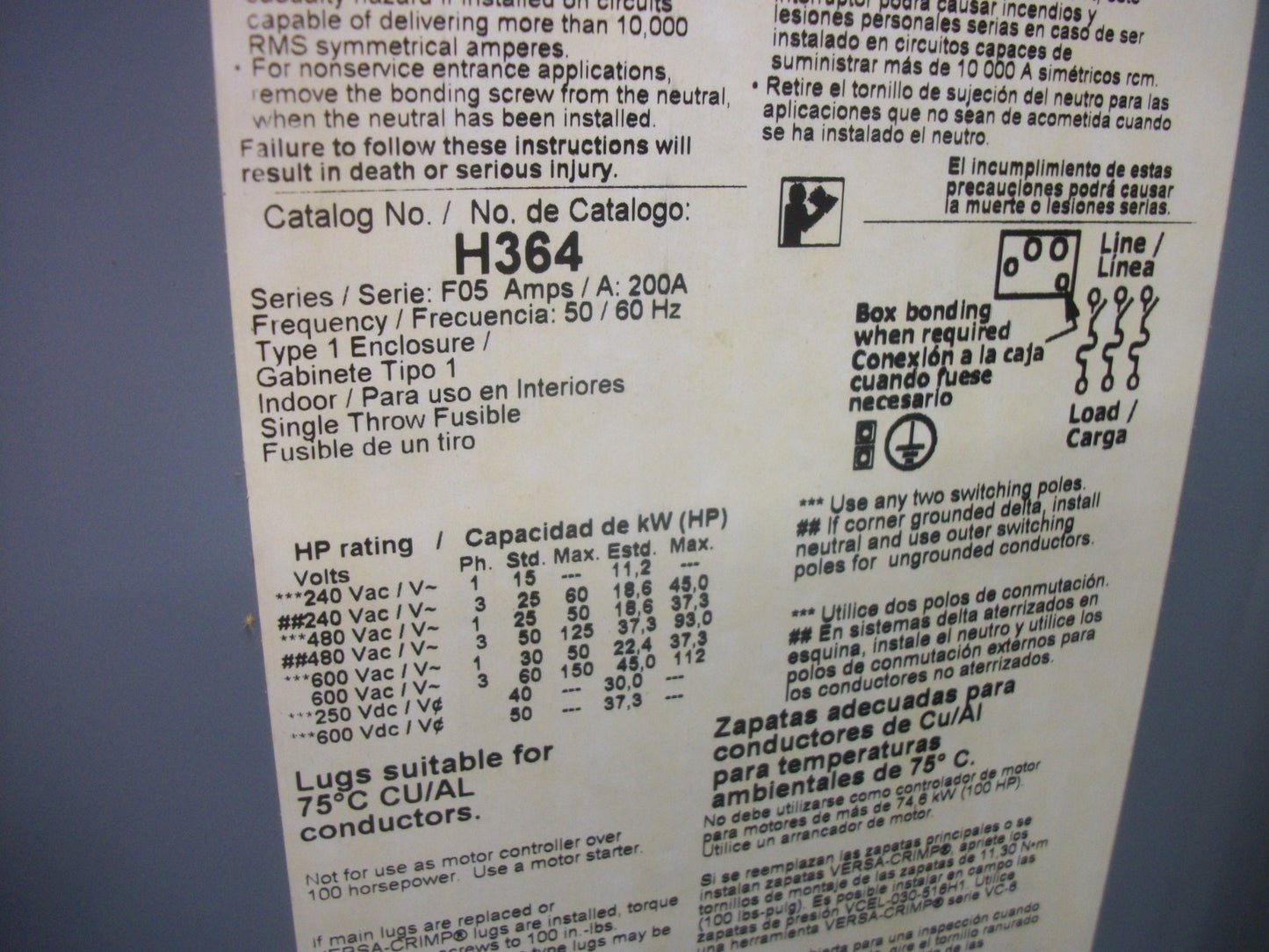 SQUARE D DISCONNECT TYPE 1 H364 200AMP 600VOLT 3POLE FUSIBLE