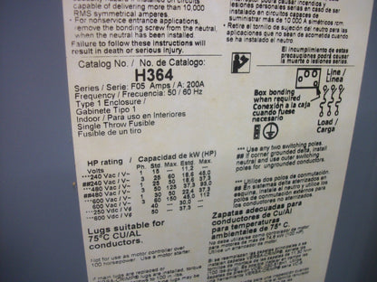 SQUARE D DISCONNECT TYPE 1 H364 200AMP 600VOLT 3POLE FUSIBLE
