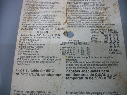 SQUARE D DISCONNECT TYPE 1 H363N 100AMP 600VOLT 3POLE FUSIBLE