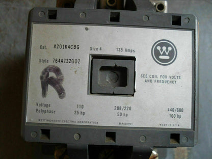 WESTINGHOUSE SIZE 4 CONTACTOR A201K4CBG 220VCOIL 135AMP 3PH 600VOLT 100HP