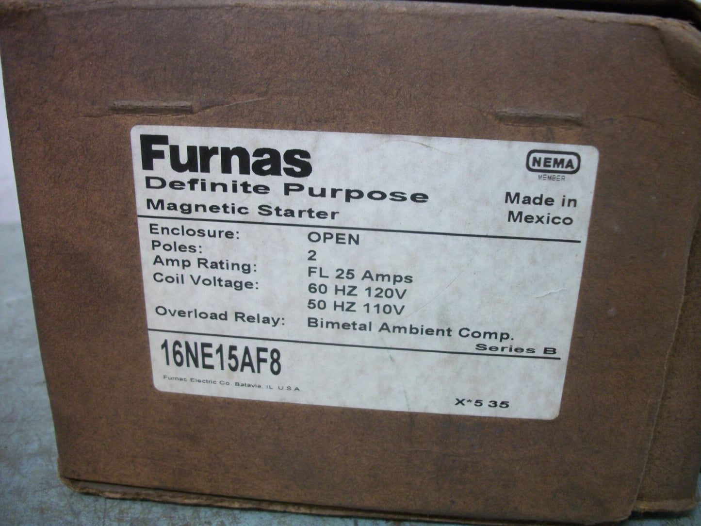 FURNAS DEFINITE PURPOSE MOTOR STARTER 16NE15AF8 25AMP 120VCOIL 2POLE NIB