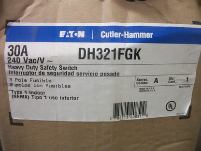 CUTLER-HAMMER DISCONNECT TYPE 1 DH321FGK 30AMP 240VOLT 3POLE FUSIBLE NIB