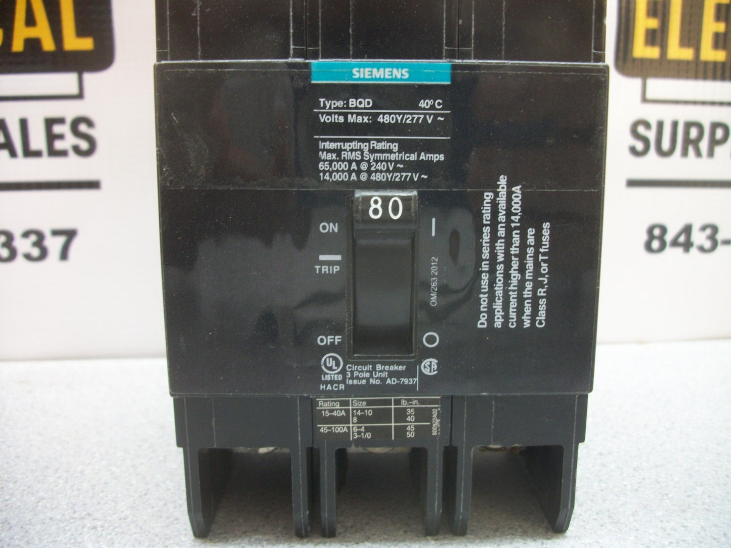 SIEMENS BQD CIRCUIT BREAKER BQD380 80AMP 480VOLT 3POLE