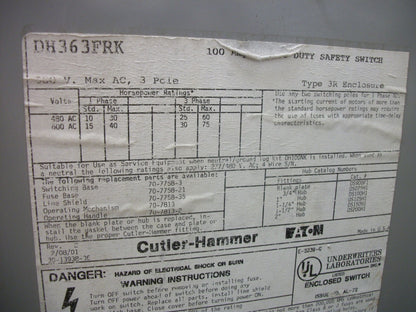 CUTLER-HAMMER DISCONNECT TYPE 3R DH363FRK 100AMP 600VOLT 3POLE FUSIBLE REFURB
