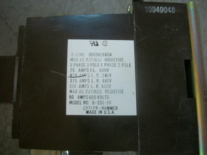 CUTLER-HAMMER DEFINITE PURPOSE CONTACTOR 9560H1680A 120VCOIL 90AMP 3PH 600V