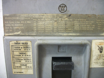 WESTINGHOUSE HLB CIRCUIT BREAKER HLB3400F 400AMP 600VOLT 3POLE W/350A TRIP
