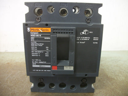 MERLIN GERIN COMPACT NSE100N CIRCUIT BREAKER NENL34050 50AMP 480VOLT 3POLE