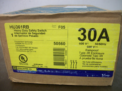 SQUARE D DISCONNECT TYPE 3R HU361RB 30AMP 600VOLT 3POLE NON-FUSIBLE NIB