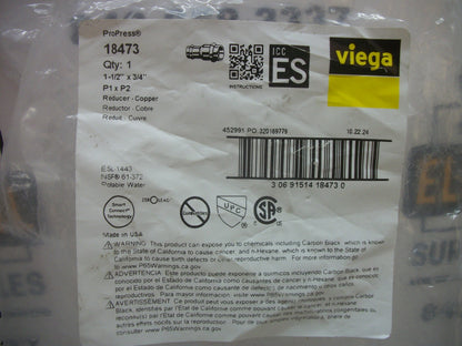 VIEGA 1-1/2" X 3/4" COPPER REDUCER 18473 NEW