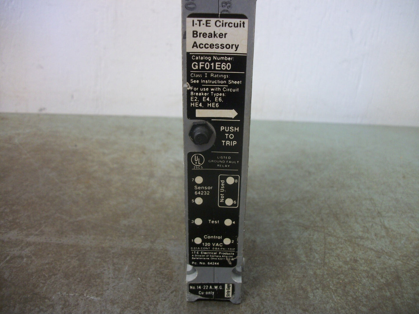 SIEMENS ITE CIRCUIT BREAKER GROUND FAULT RELAY GF01E60