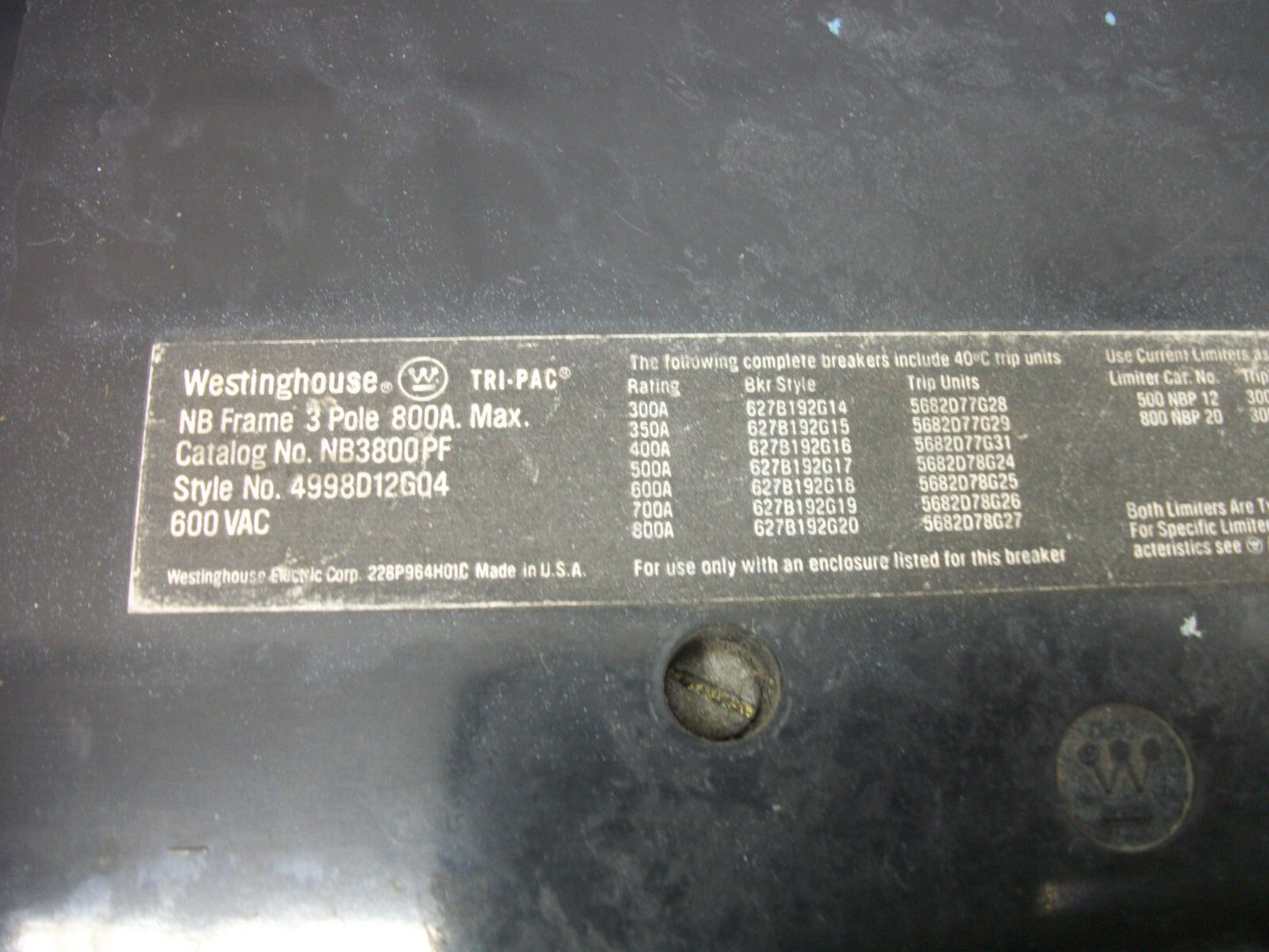 WESTINGHOUSE NB CIRCUIT BREAKER NB3800PF 800AMP 600VOLT 3POLE W/600A TR NO COVER