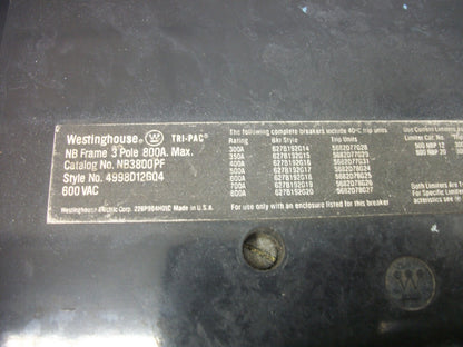 WESTINGHOUSE NB CIRCUIT BREAKER NB3800PF 800AMP 600VOLT 3POLE W/600A TR NO COVER