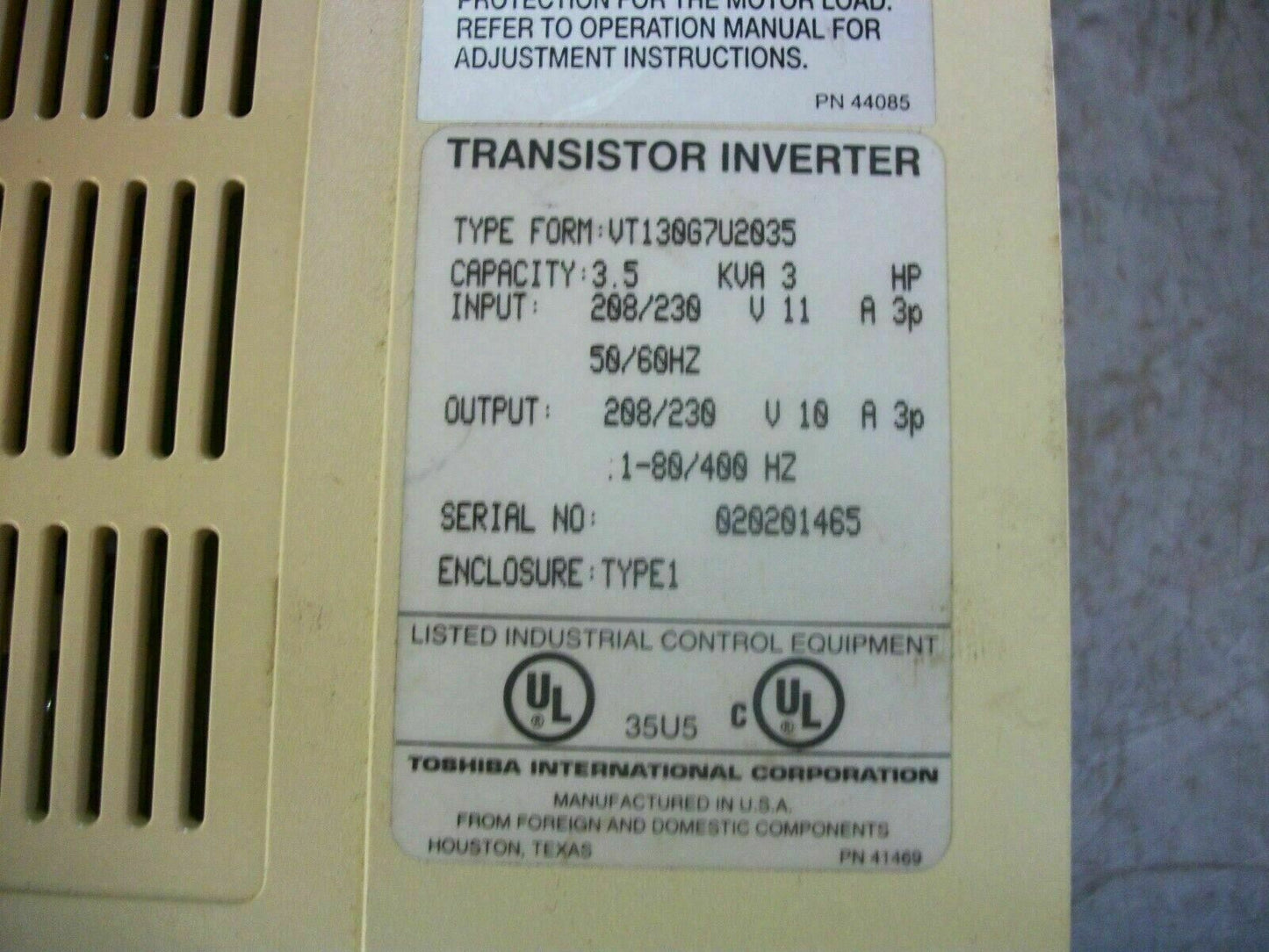 TOSHIBA G7 3HP ADJUSTABLE SPEED DRIVE TRANSISTOR INVERTER VT130G7U2035 230VOLT