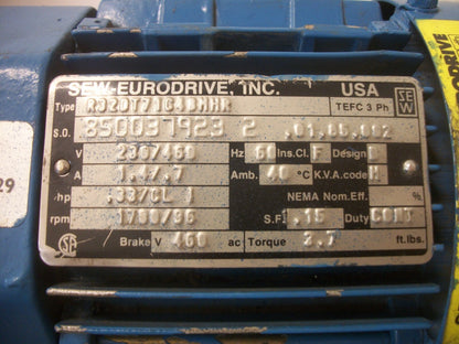 SEW-EURODRIVE .33HP TEFC AC GEAR MOTOR R32DT71C4BMHR 460VOLT 3PH 1700RPM