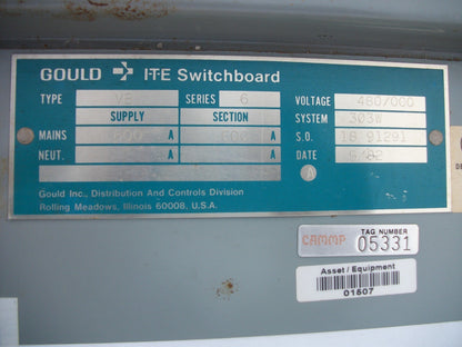 SIEMENS VE VACU-BREAK SWITCHBOARD PANELBOARD 600AMP 480VOLT 3PH 3W