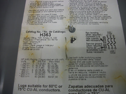 SQUARE D DISCONNECT TYPE 1 H363 100AMP 600VOLT 3POLE FUSIBLE