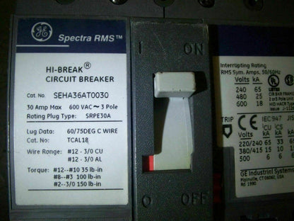 GE SPECTRA SEHA CIRCUIT BREAKER SEHA36AT0030 30AMP 600VOLT 3POLE W/20A TRIP