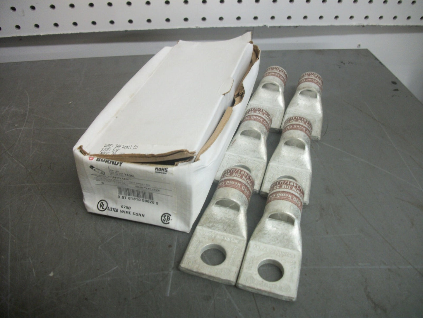 BURNDY 502620 BOX OF 6 HYLUG 500 CU 1-HOLE SHORT 5/8 COMPRESSION LUGS YA34L NIB