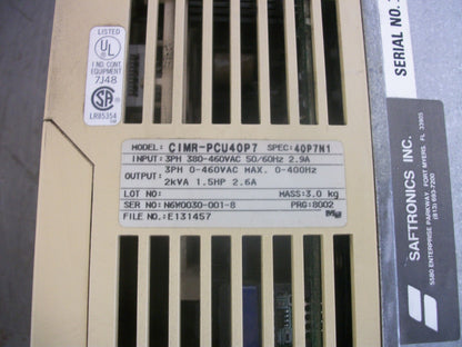 SAFTRONICS PC3 1.5HP INVERTER DRIVE CIMR-PCU40P7 3PH 460VOLT 2KVA 2.6AMP