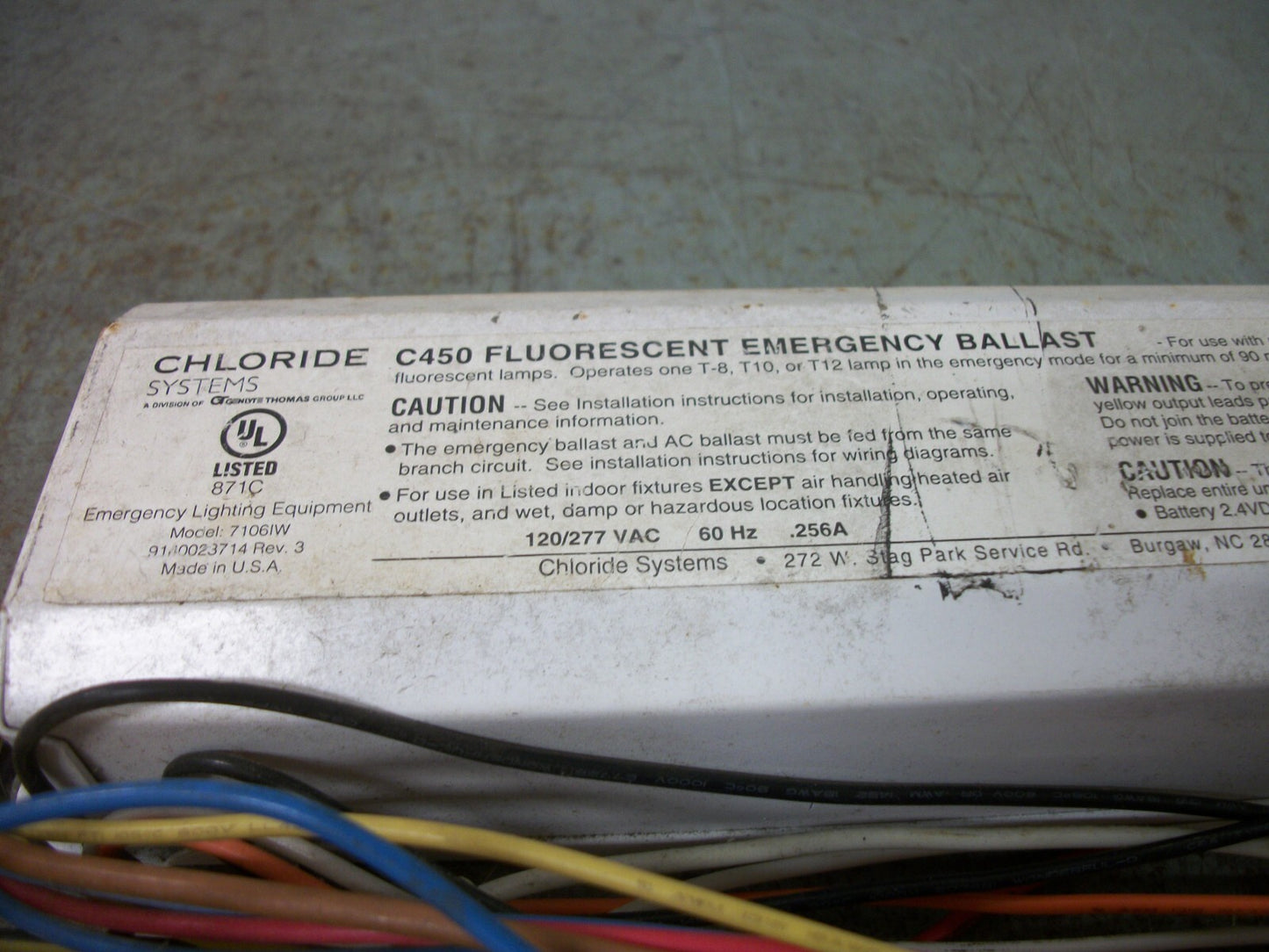 CHLORIDE SYSTEMS C450 FLUORESCENT EMERGENCY BALLAST 7106IW 120/277VOLT