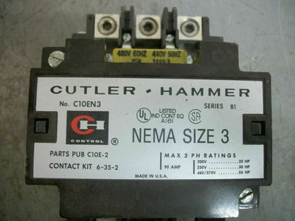 CUTLER-HAMMER SIZE 3 CONTACTOR C10EN3 480VCOIL 3PH 600V 50HP