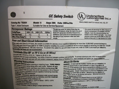 GE DISCONNECT TYPE 1 TG3221 30AMP 240VOLT 2POLE FUSIBLE NOB