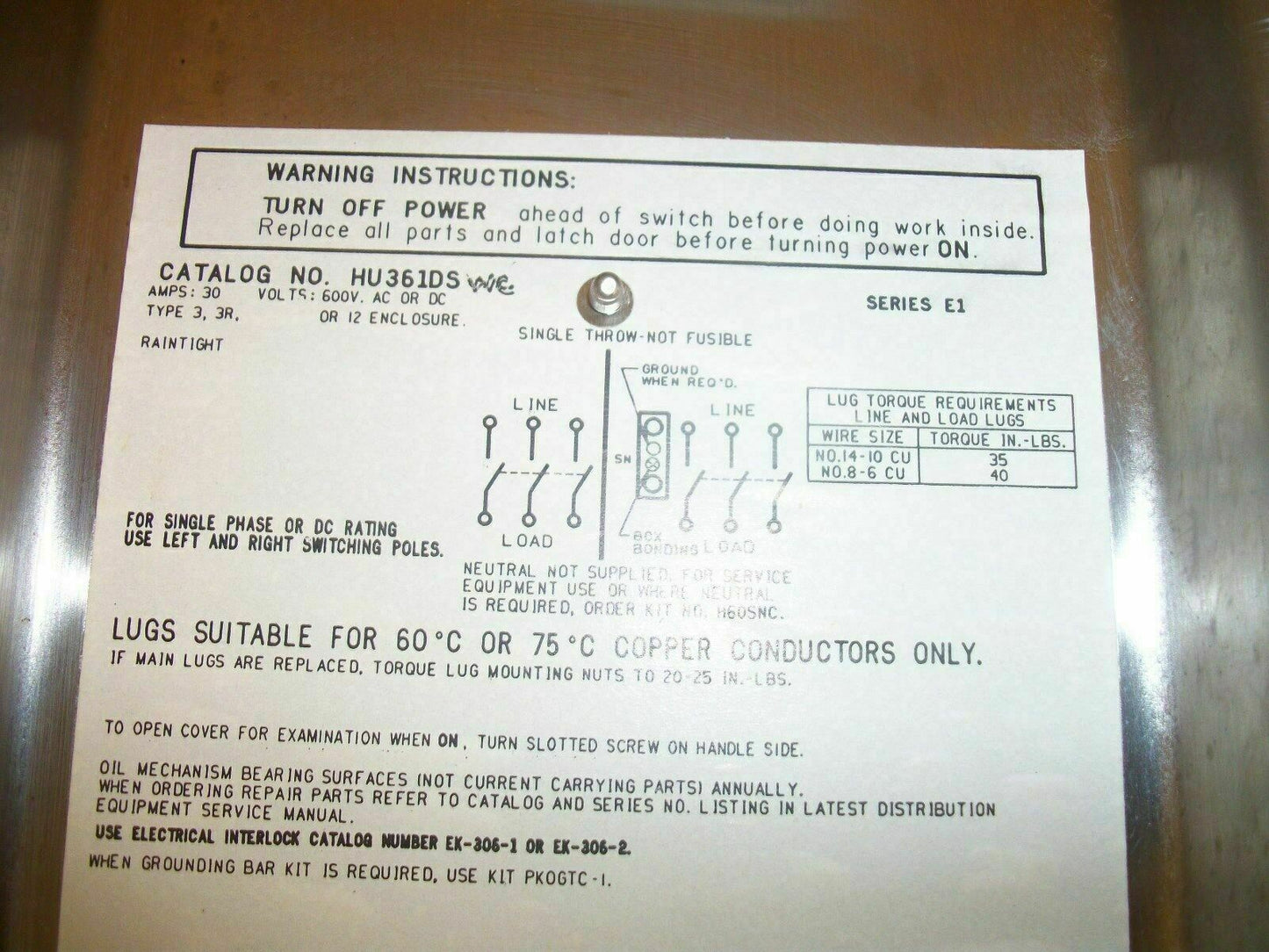 SQUARE D DISCONNECT SS TYPE 3,3R,12 HU361DSWC 30AMP 600VOLT 3POLE NON-FUSIBLE