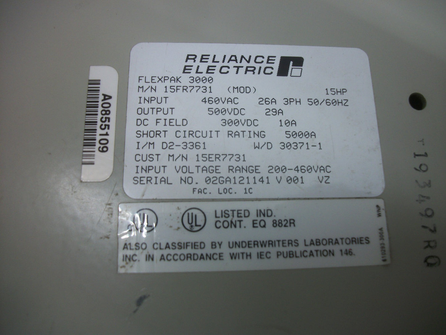 RELIANCE FLEXPAK 3000 15HP DC DRIVE 15FR7731 500VDC OUT 300VDC FIELD