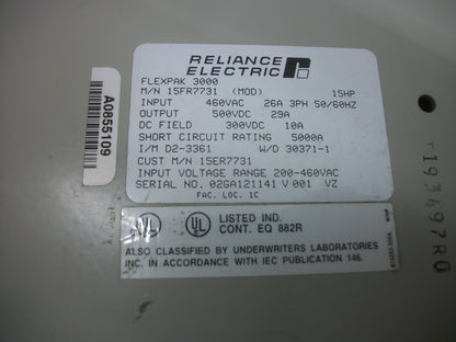 RELIANCE FLEXPAK 3000 15HP DC DRIVE 15FR7731 500VDC OUT 300VDC FIELD