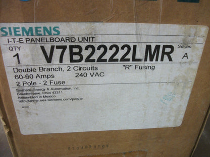 SIEMENS PANELBOARD BRANCH SWITCH V7B2222LMR 60-60AMP 240VOLT 2POLE FUSIBLE NIB