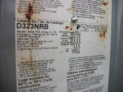 SQUARE D DISCONNECT TYPE 3R D323NRB 100AMP 240VOLT 3POLE FUSIBLE